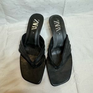 Zara black leather heeled flip flops size 39